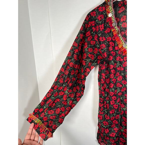 NEW! Dolly's D-Lite Custom Long Sleeve V Neck Micro Mini Dress L Floral Fringe - Picture 5 of 12